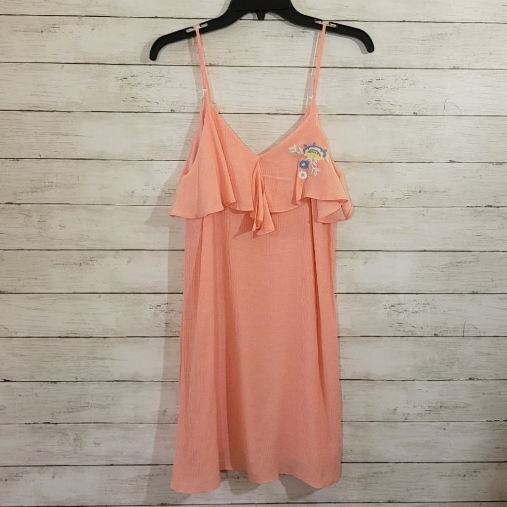 Everly Ruffle Semi-Sheer Lightweight Sun Dress Chiffon Embroidered Floral Size S